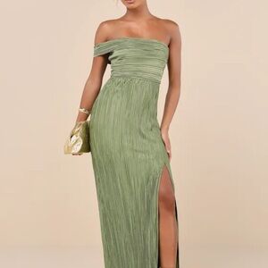Lulus Poised Performance Olive Green Plisse One-Shoulder Maxi Dress